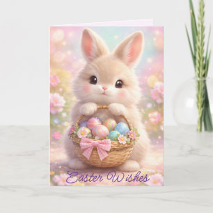 Niedlicher Osterhase mit farbenfrohem Korb voller Feiertagskarte