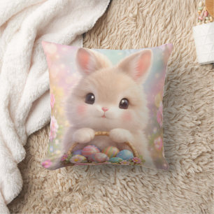 Niedlicher Osterhase mit farbenfrohem Korb voller  Kissen
