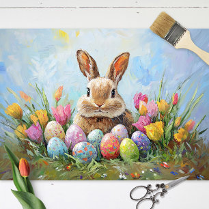 Niedlicher Osterhase mit farbigen Eiern Dekoupage Seidenpapier