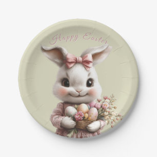 Niedlicher Osterhase mit rosa Schleife und gefärbt Pappteller