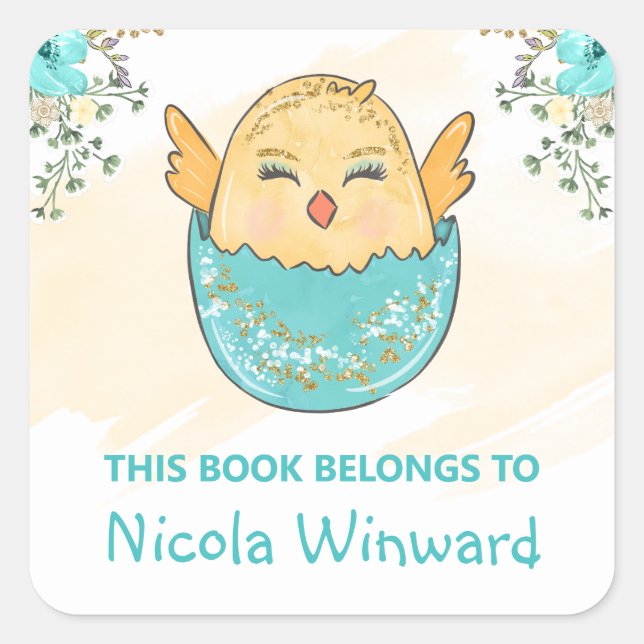 Niedlicher Osterkichel Buchzeichen Aquarellfarben Quadratischer Aufkleber (Vorderseite)