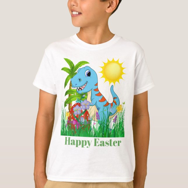 Niedlicher Ostern-Dinosaurier addieren Mitteilung T-Shirt (Vorderseite)