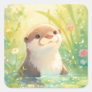 Niedlicher Otterbaby lächelt in funkelndem Teich Quadratischer Aufkleber