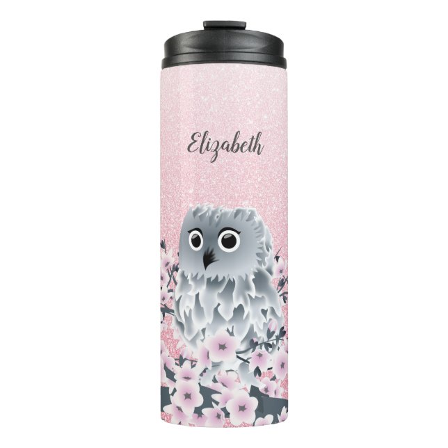 Niedlicher Owl Cherry Blossom Rosa Glitzer Thermosbecher (Vorderseite)