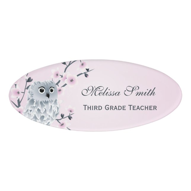 Niedlicher Owl Cherry Blütenlehrer Namenschild (Vorderseite)