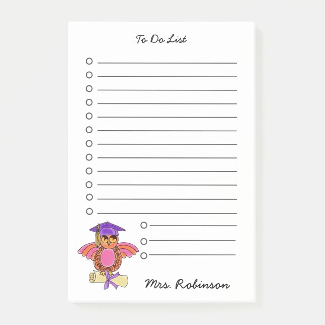 Niedlicher Owl Diplomlehrer, um White 4 x 6 aufzul Post-it Klebezettel (Vorderseite)