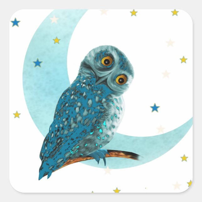 Niedlicher Owl Moon und Sterne Quadratischer Aufkleber (Vorderseite)