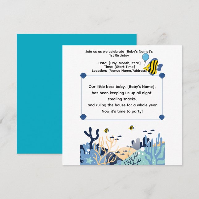 Niedlicher Ozean Erster Geburtstag - Einladung (Vorne/Hinten)