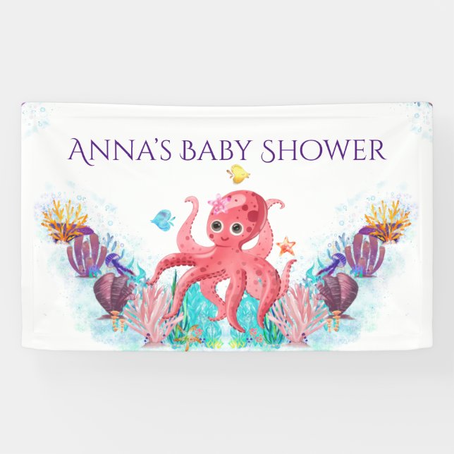 Niedlicher Ozean Octopus farbenfrohe Pink Babydusc Banner (Horizontal)