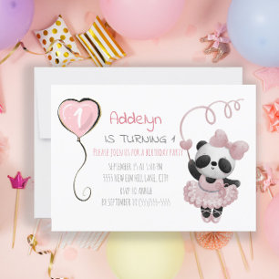 Niedlicher Panda Bär Ballerina Pink 1. Geburtstag Einladung