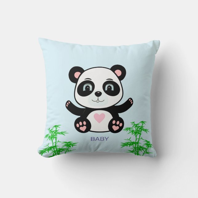 Niedlicher Panda Bär & Bamboo auf Light Blue Kissen (Vorderseite)