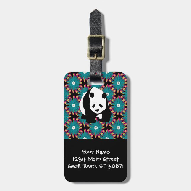 Niedlicher Panda Bär Blau Pink Blume Blumenmuster Gepäckanhänger (Vorderseite vertikal)