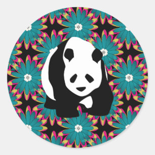 Niedlicher Panda Bär Blau Pink Blume Blumenmuster Runder Aufkleber