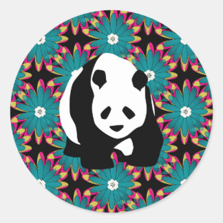 Niedlicher Panda Bär Blau Pink Blume Blumenmuster Runder Aufkleber
