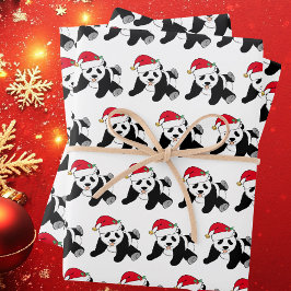 Niedlicher Panda-Bär in Weihnachtsmannmütze Kinder Geschenkpapier Set
