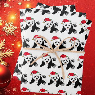 Niedlicher Panda-Bär in Weihnachtsmannmütze Kinder Geschenkpapier Set