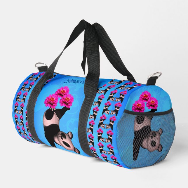 Niedlicher Panda Bär Juggling Pink Blume Duffle Bag (Rechte Ecke)