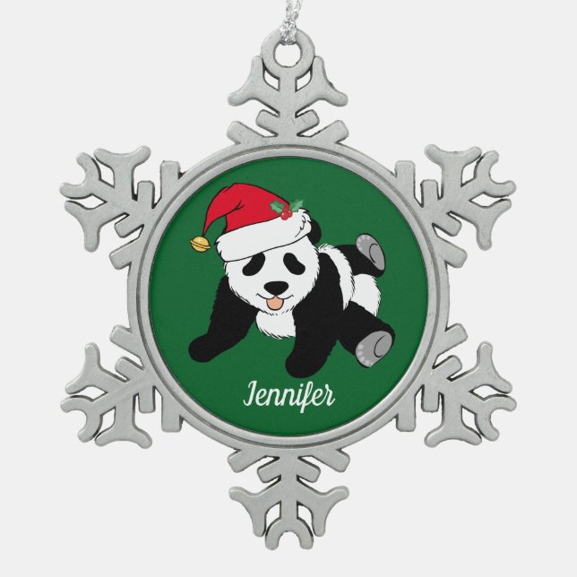 Niedlicher Panda Bär Kindergrün Schneeflocken Zinn-Ornament (Vorderseite)