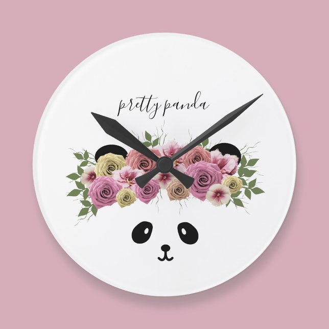 Niedlicher Panda-Bär Kinderuhr Runde Wanduhr (A pretty panda bear with flowers in her hair. Just add your name to this cute nursery clock)