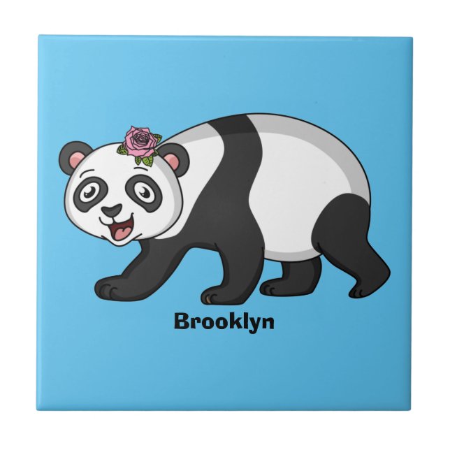 Niedlicher Panda-Bär mit Blume Cartoon Fliese (Vorderseite)