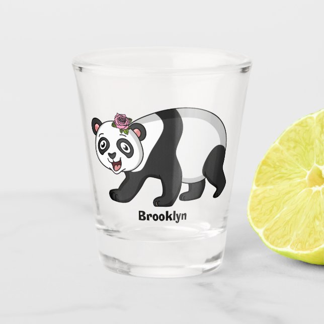Niedlicher Panda-Bär mit Blume Cartoon Schnapsglas (Vorderseite)