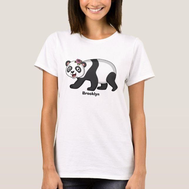 Niedlicher Panda-Bär mit Blume Cartoon T-Shirt (Vorderseite)
