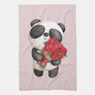 Niedlicher Panda-Bär mit Rose Bouquet auf Polka Do Geschirrtuch