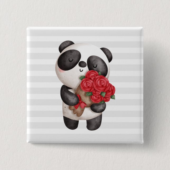 Niedlicher Panda-Bär mit Rose Bouquet Button (Vorderseite)