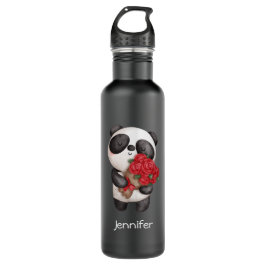 Niedlicher Panda-Bär mit Rose Bouquet Edelstahlflasche