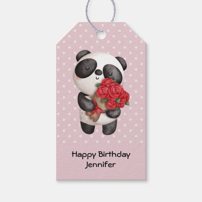 Niedlicher Panda-Bär mit Rose Bouquet Geburtstag Geschenkanhänger (Vorderseite)
