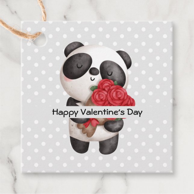 Niedlicher Panda-Bär mit Rose Bouquet Geschenkanhänger (Vorderseite)