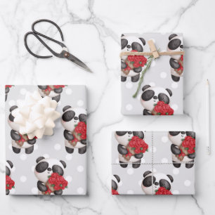 Niedlicher Panda-Bär mit Rose Bouquet Geschenkpapier Set
