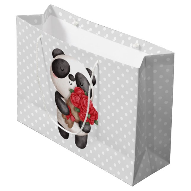 Niedlicher Panda-Bär mit Rose Bouquet Große Geschenktüte (Vorderseite Schrägansicht)