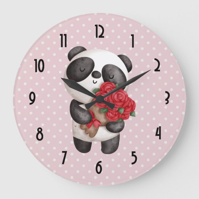Niedlicher Panda-Bär mit Rose Bouquet Große Wanduhr (Vorderseite)