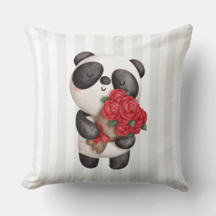 Niedlicher Panda-Bär mit Rose Bouquet Kissen