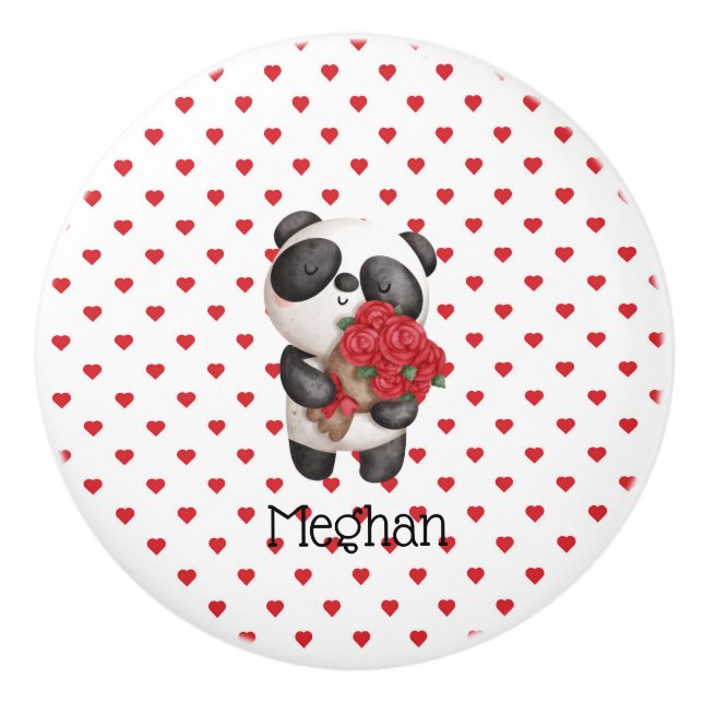 Niedlicher Panda-Bär mit Rose Bouquet Mit Monogram Keramikknauf (Vorderseite)