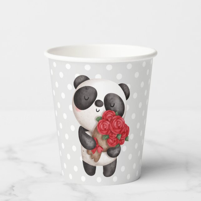Niedlicher Panda-Bär mit Rose Bouquet Pappbecher (Rückseite)