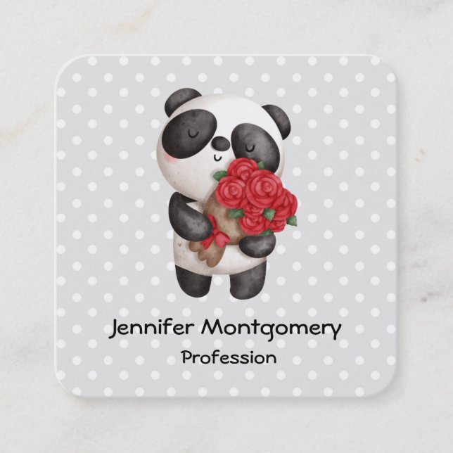 Niedlicher Panda-Bär mit Rose Bouquet Quadratische Visitenkarte (Vorderseite)