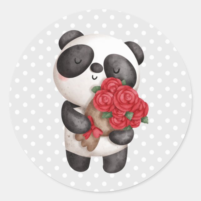 Niedlicher Panda-Bär mit Rose Bouquet Runder Aufkleber (Vorderseite)