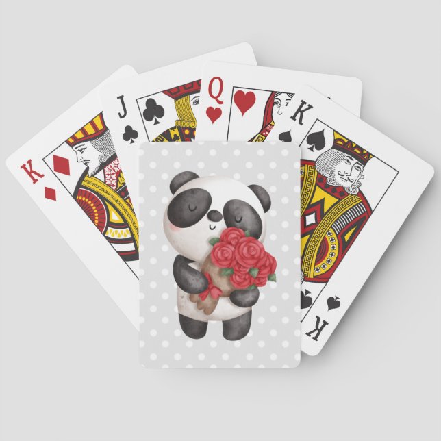 Niedlicher Panda-Bär mit Rose Bouquet Spielkarten (Rückseite)