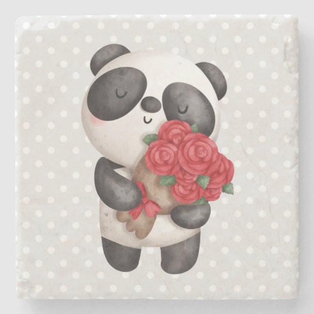 Niedlicher Panda-Bär mit Rose Bouquet Steinuntersetzer (Vorderseite)