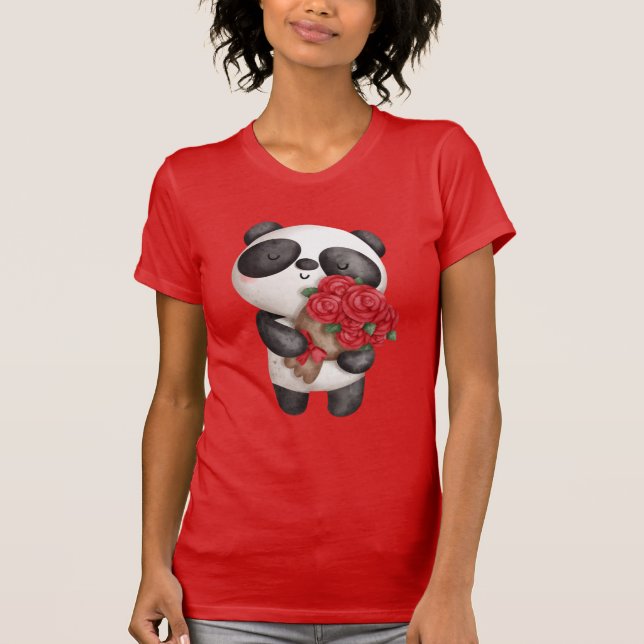 Niedlicher Panda-Bär mit Rose Bouquet T-Shirt (Vorderseite)