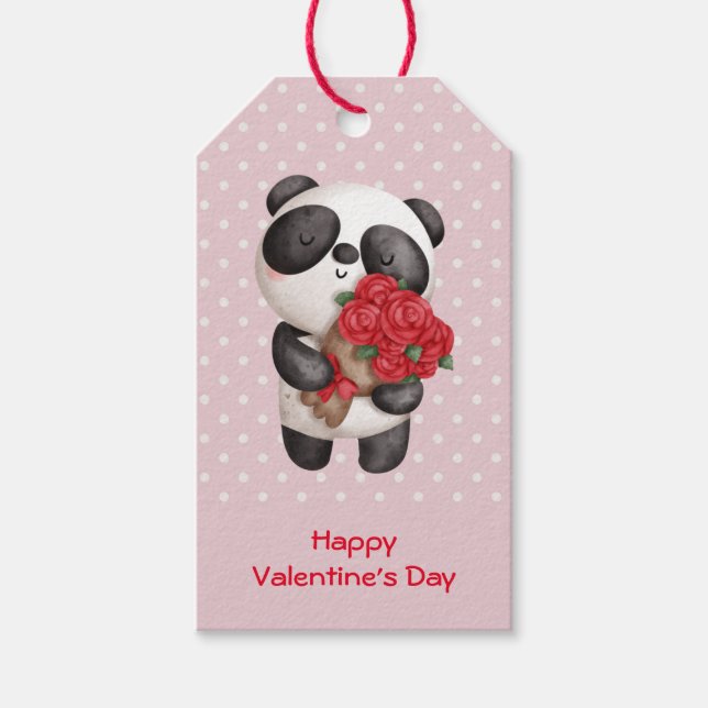 Niedlicher Panda-Bär mit Rose Bouquet Valentine Geschenkanhänger (Vorderseite)