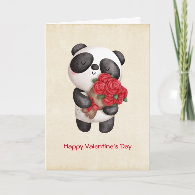 Niedlicher Panda-Bär mit Rose Bouquet Valentine Karte (Vorderseite)