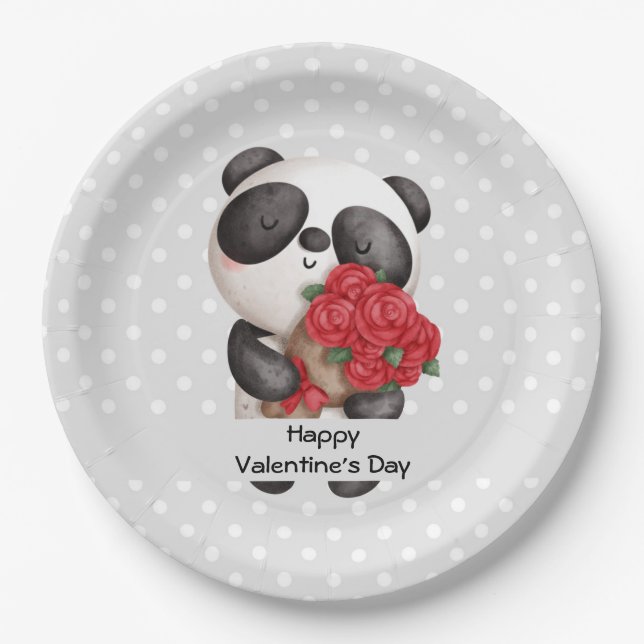 Niedlicher Panda-Bär mit Rose Bouquet Valentine Pappteller (Vorderseite)