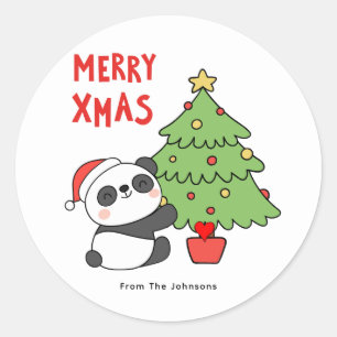 Niedlicher Panda-Bär mit Weihnachtsbaum Runder Aufkleber