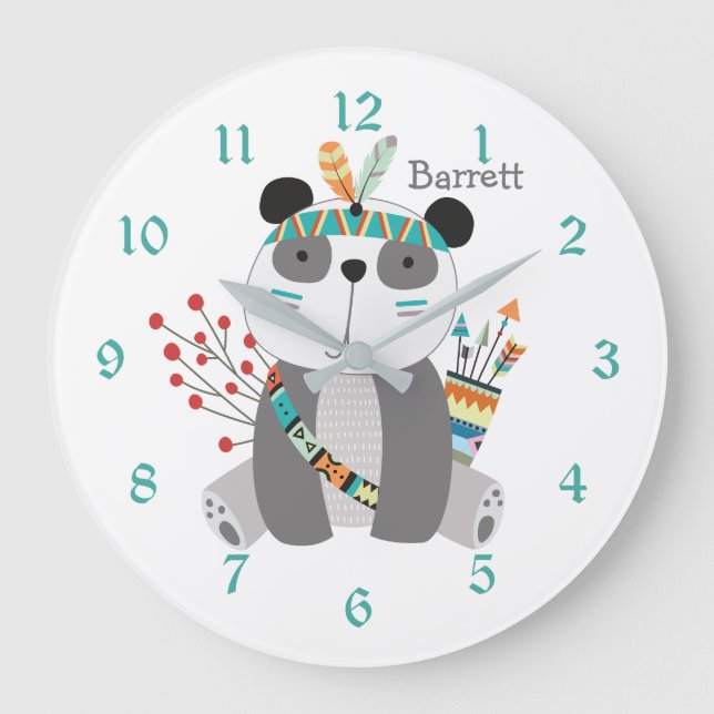 Niedlicher Panda-Bär Personalisiertes Kinderzimmer Große Wanduhr (Vorderseite)