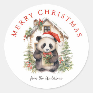 Niedlicher Panda Bär Rustikales Weihnachtshaus Runder Aufkleber