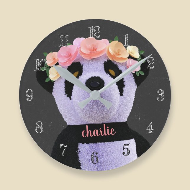 Niedlicher Panda Bär Schwarz und Weiß Rustikale Uh Runde Wanduhr (A cute panda bear with flowers in her hair. Just add your name)
