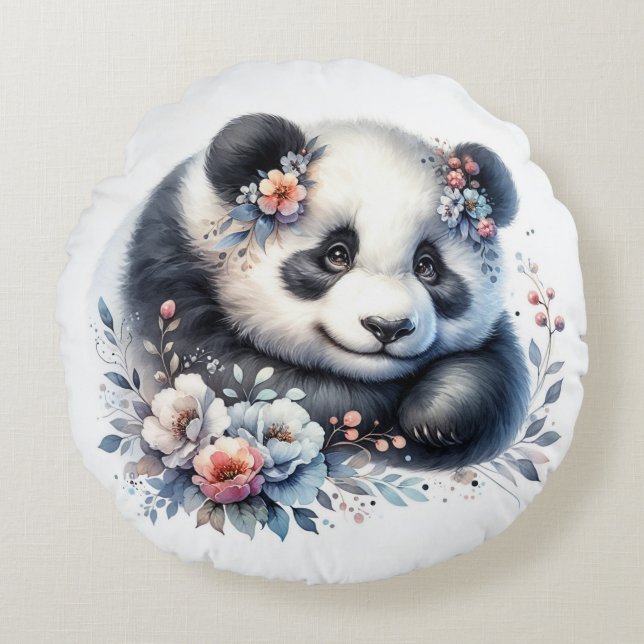 Niedlicher Panda-Bär und Blume Rundes Kissen (Vorderseite)